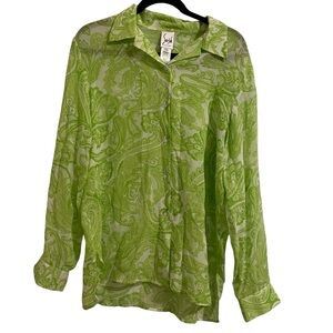 SASH Vintage Silk Long Sleeve Green Paisley Print Button Up Blouse Size Small